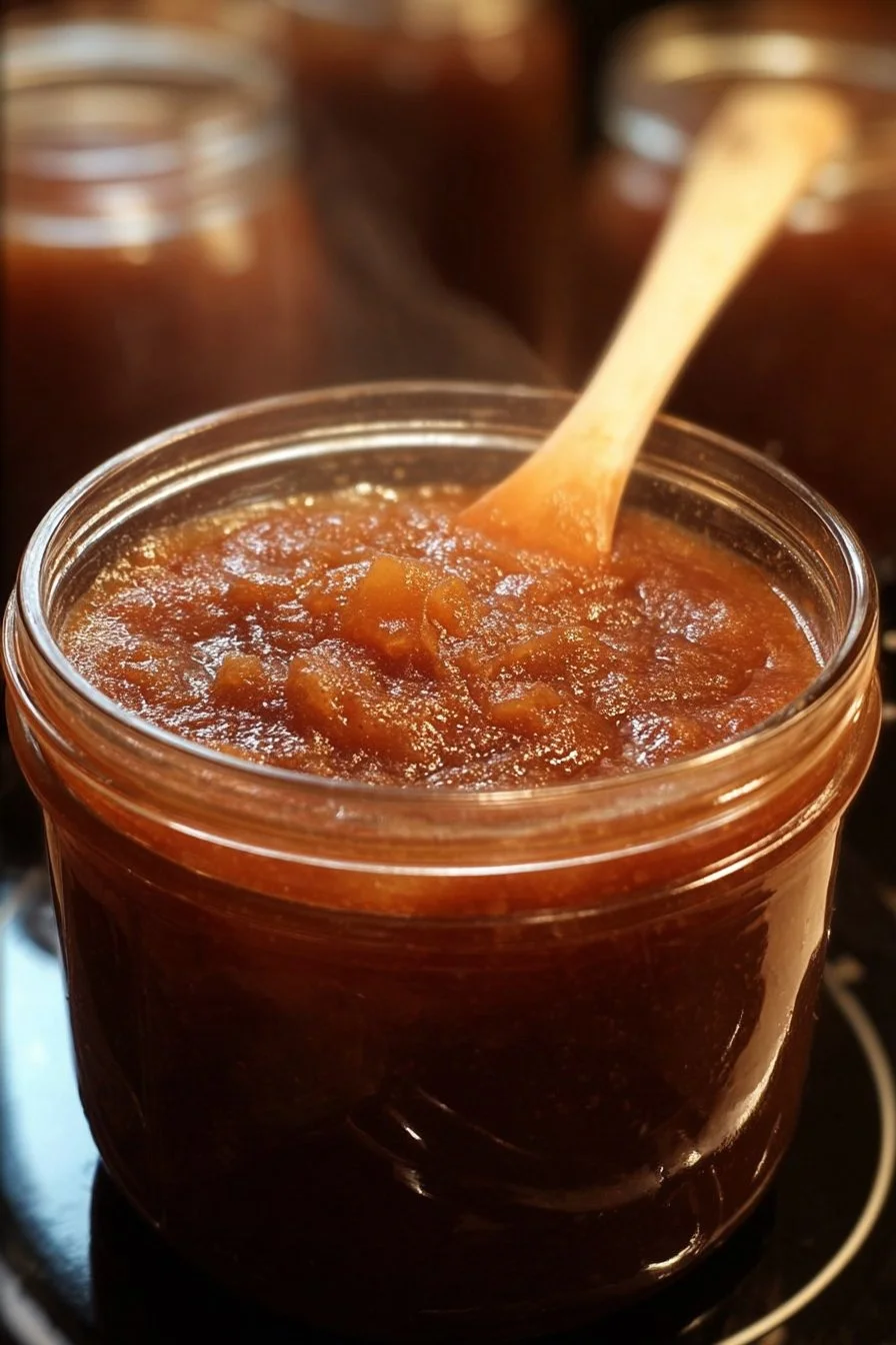 Crock Pot apple butter in a jar for canning
