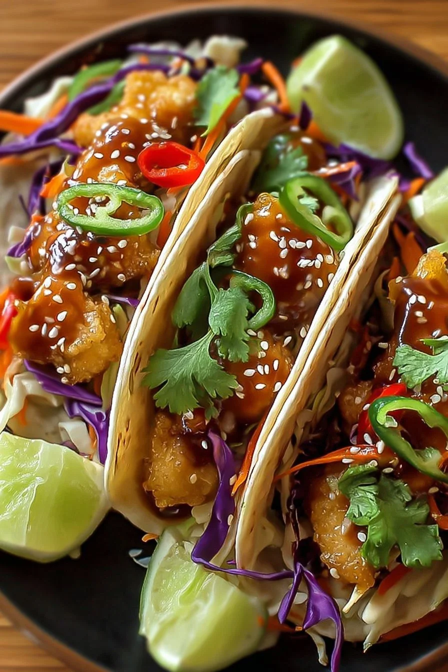 Crunchy Asian-style chicken tacos topped with fresh vegetables and sauce.