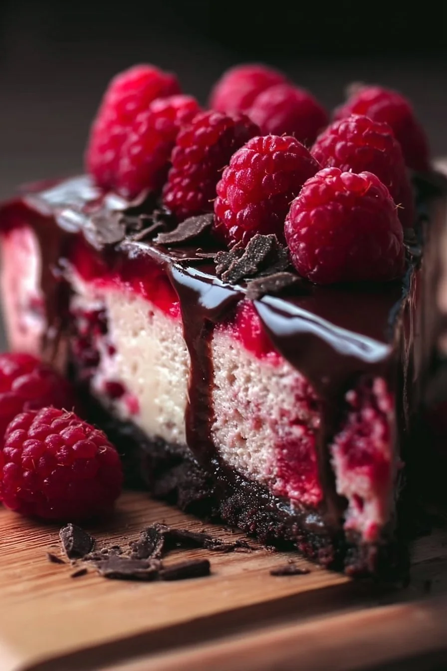 Delicious dark chocolate raspberry cheesecake garnished with fresh raspberries