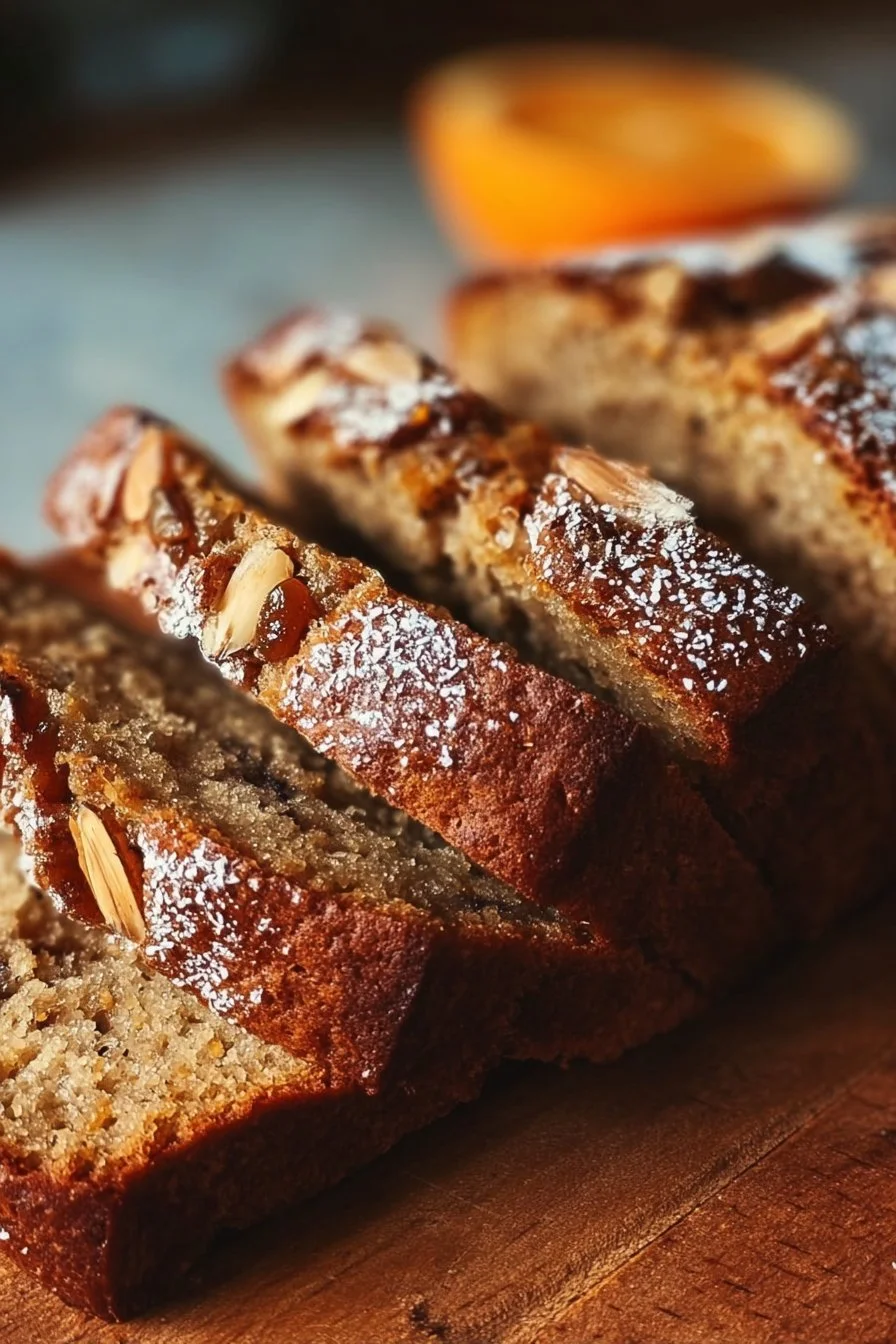 Freshly baked Date and Orange Almond Loaf with citrus and nut topping