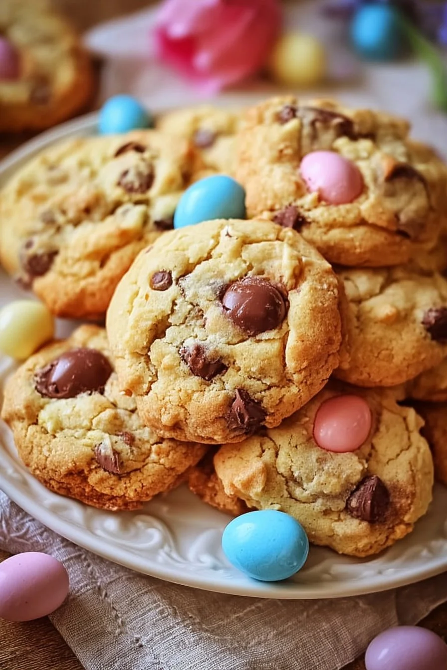 Easter-themed chocolate chip cookies decorated with vibrant colors