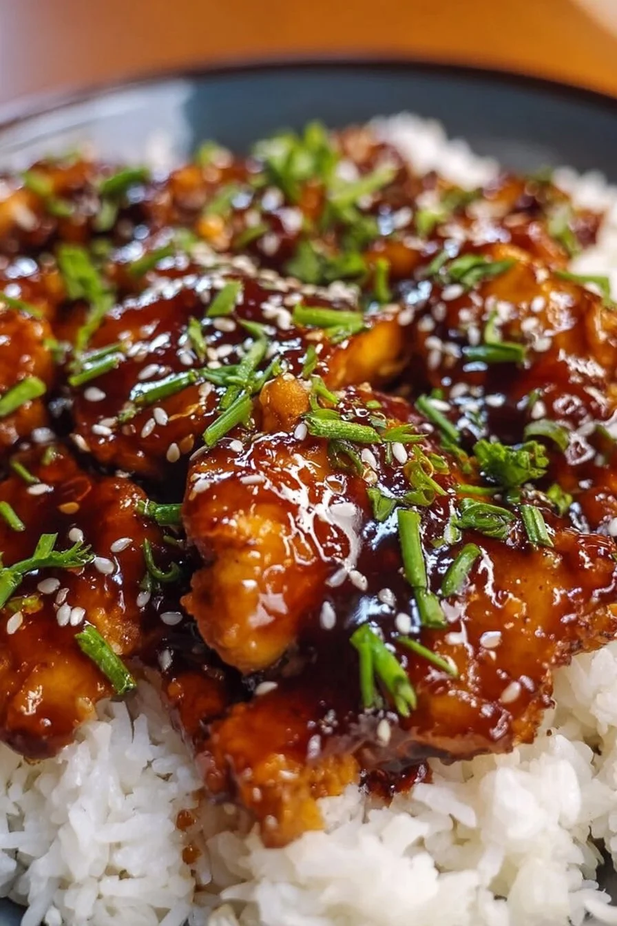 Easy Bourbon Chicken dish served with rice and green onions