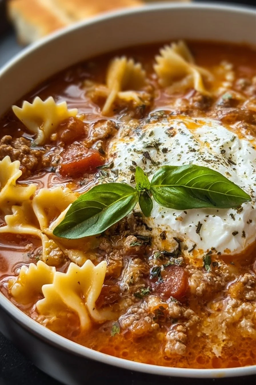 Bowl of easy lasagna soup topped with cheese and fresh herbs