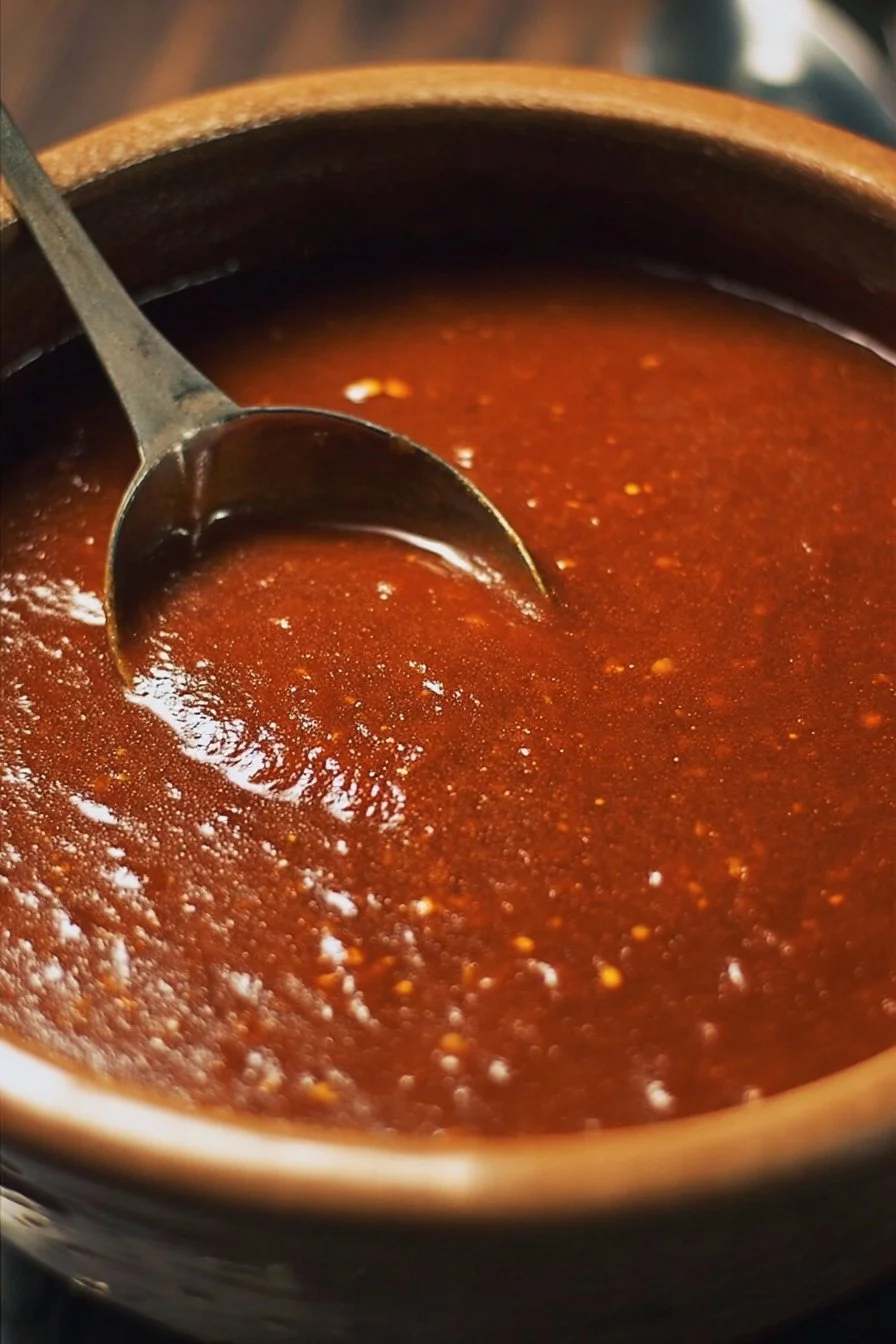 Easy red enchilada sauce in a bowl with spices and ingredients around it