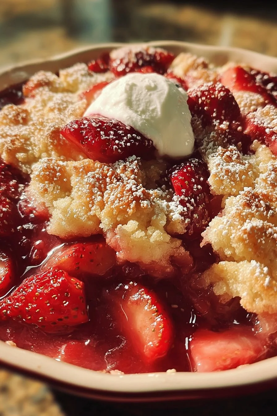 Delicious easy strawberry cobbler served warm with a buttery biscuit topping.