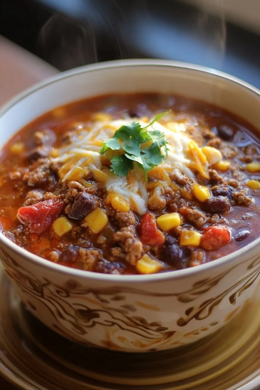 A bowl of easy taco soup topped with cheese and cilantro