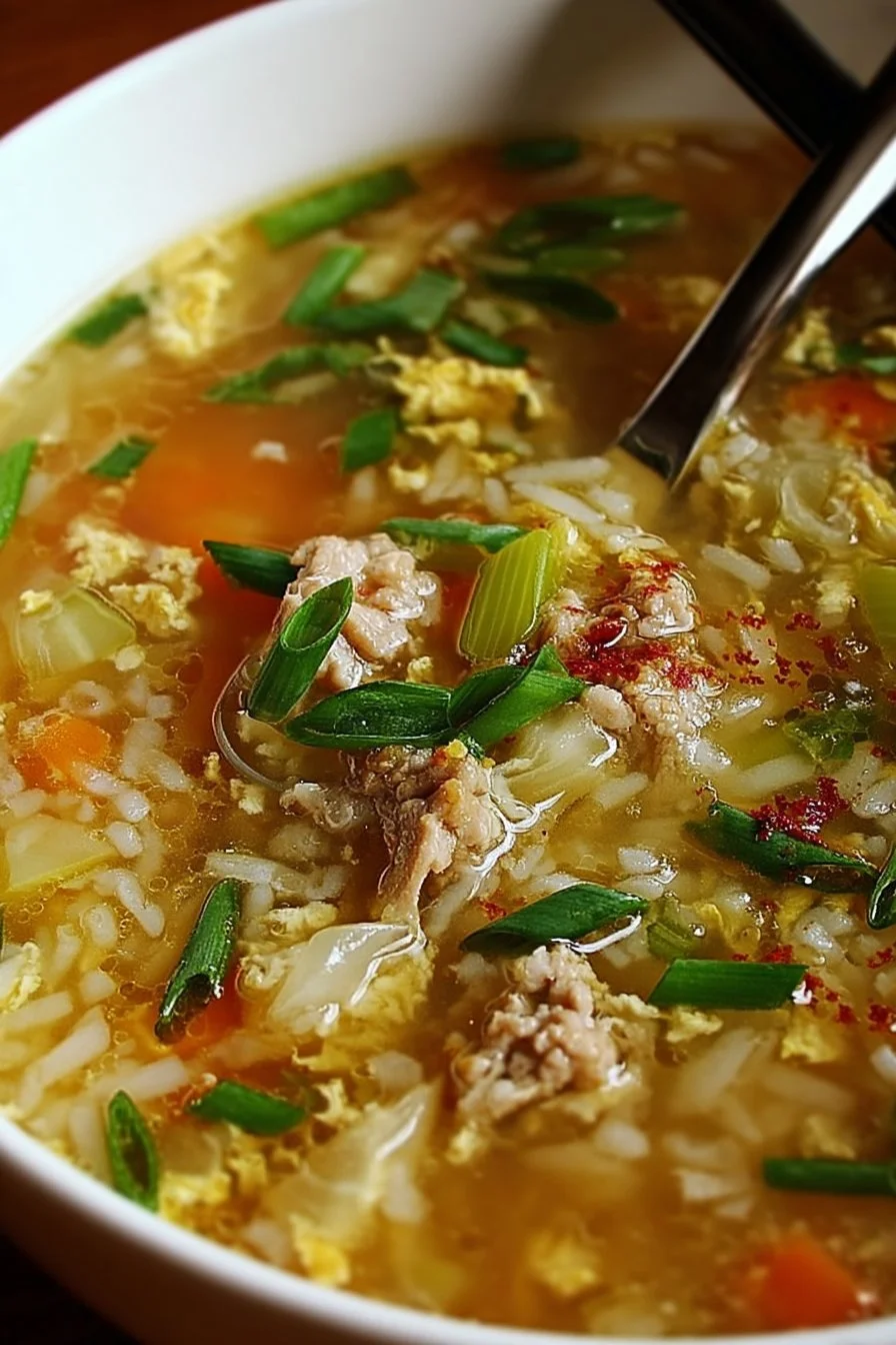 Delicious bowl of Egg Roll Soup with colorful vegetables and seasonings