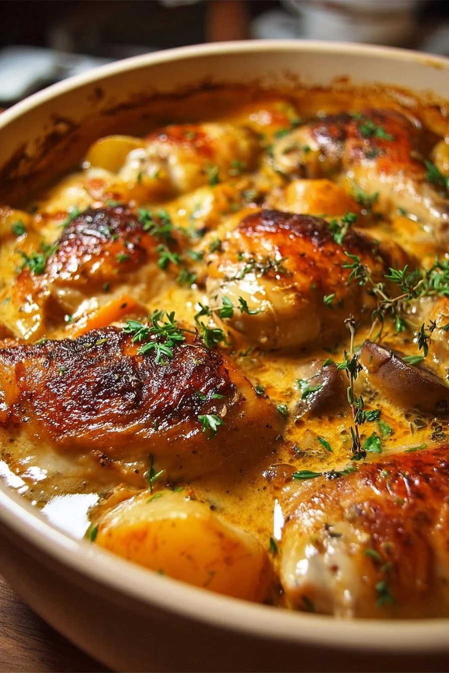Delicious French Chicken Casserole served in a baking dish