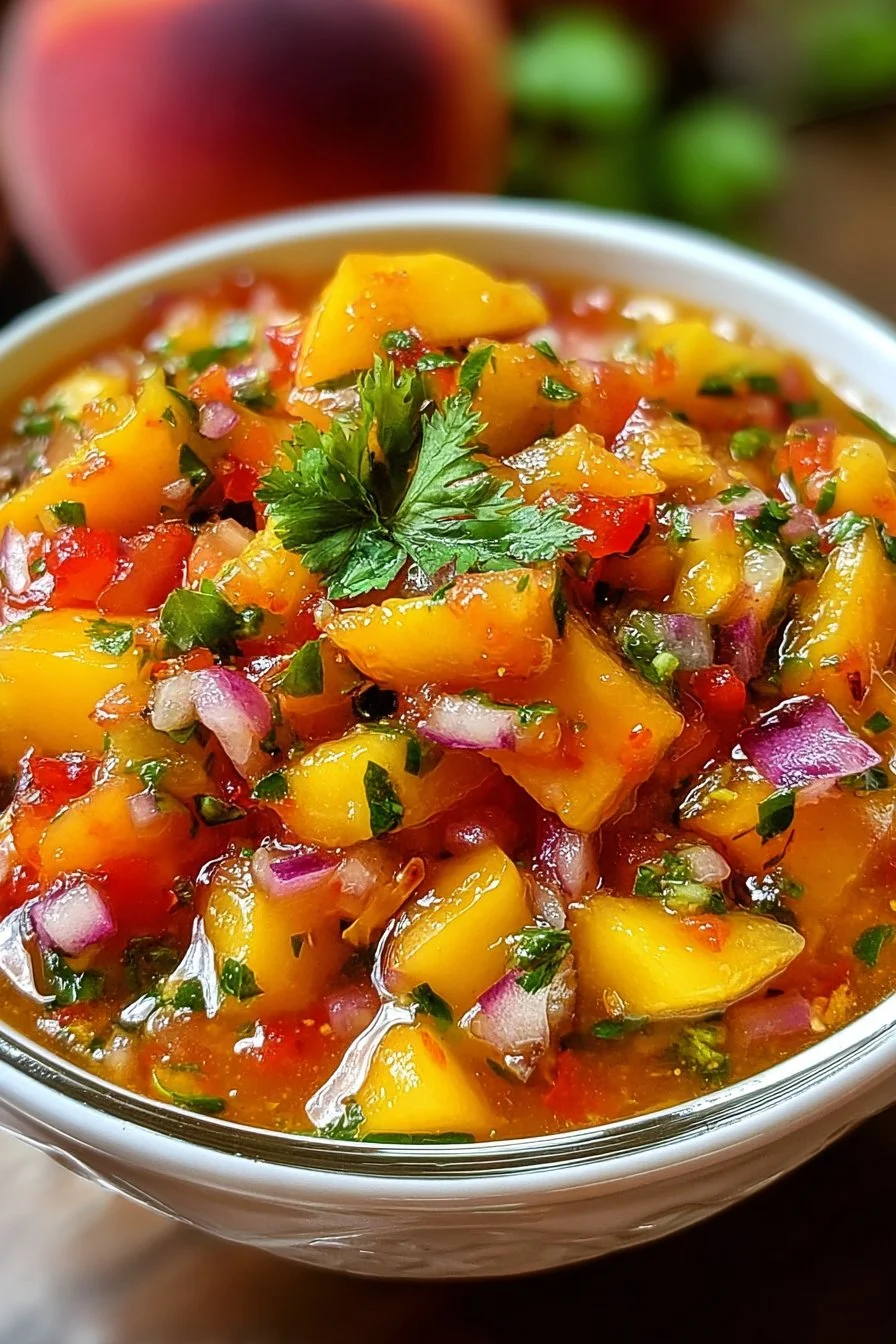 Bowl of fresh peach salsa with colorful ingredients and chips