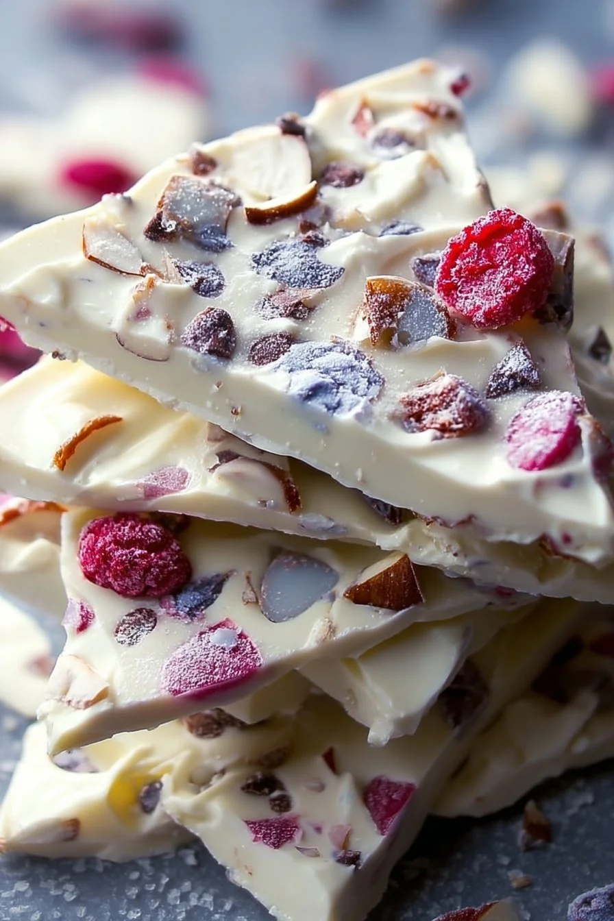 Delicious homemade Frozen Yogurt Bark topped with fruits and nuts.