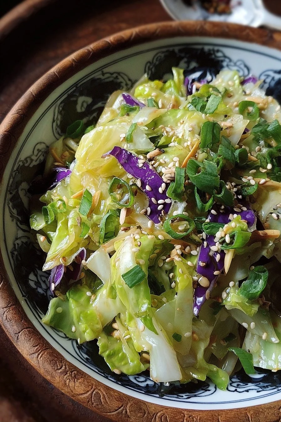 Delicious Ginger Sesame Cabbage dish topped with sesame seeds and ginger.