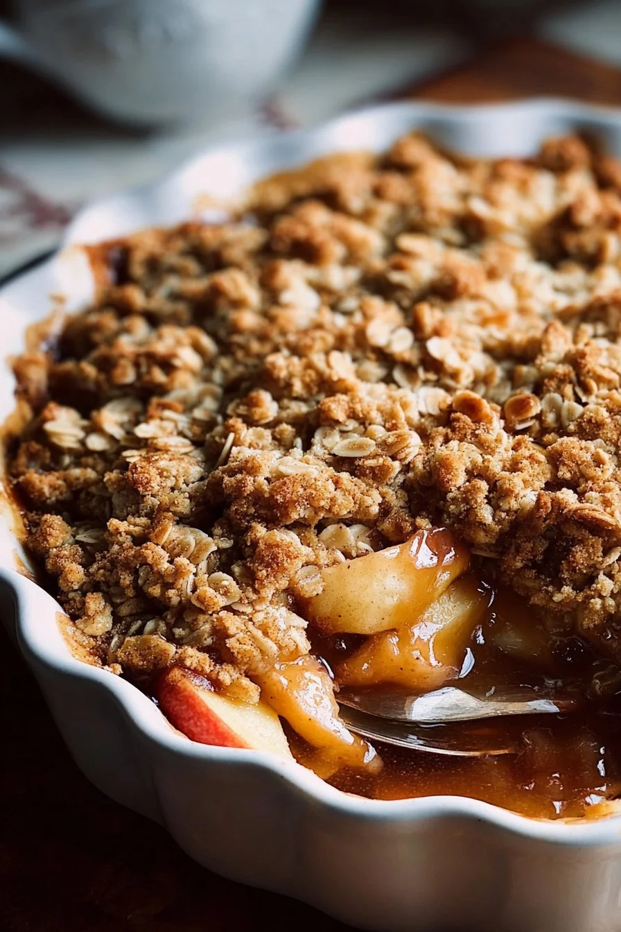 Delicious homemade Grandma's Apple Crisp dessert with golden brown topping and baked apples.