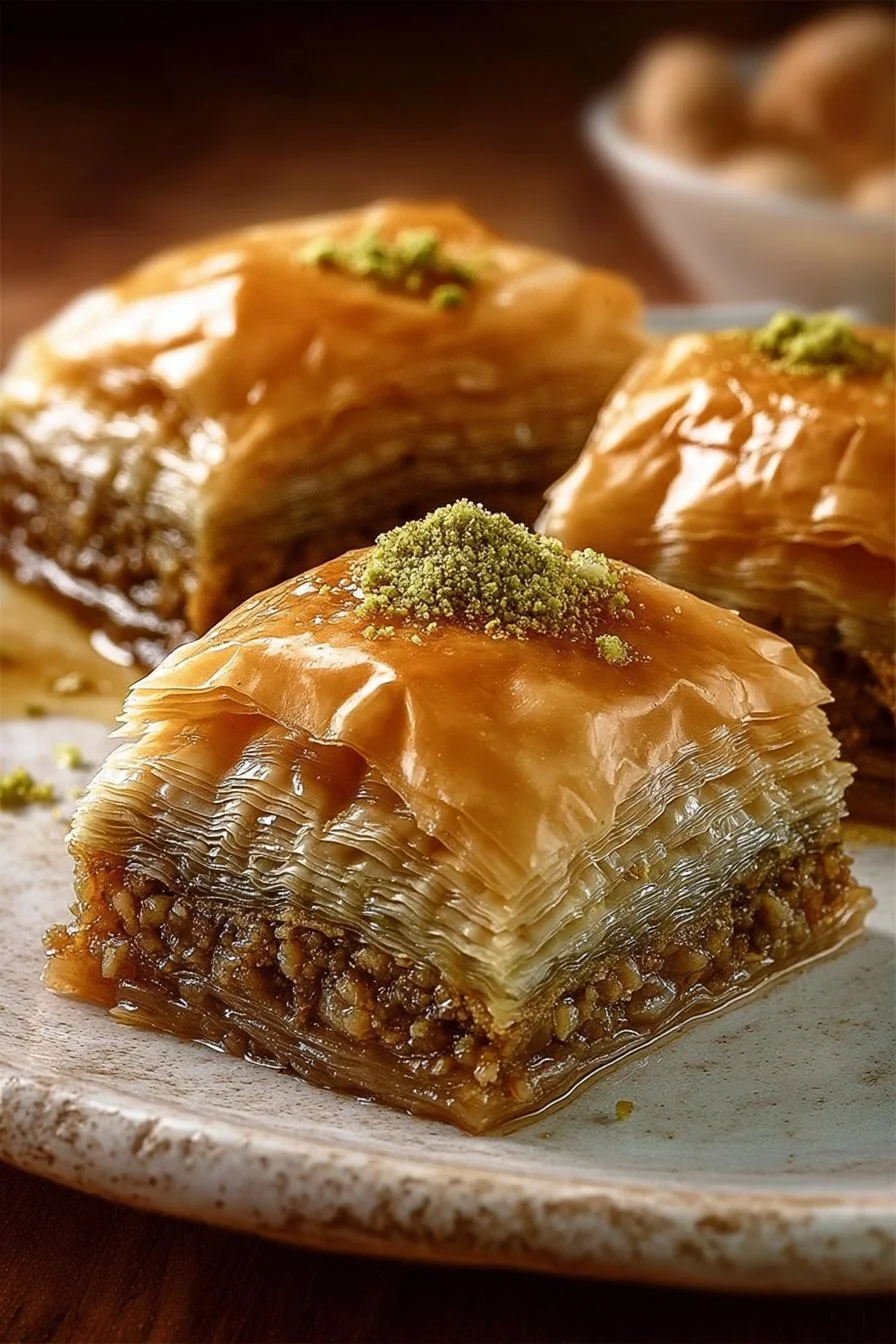 Delicious Greek Baklava layered with nuts and honey