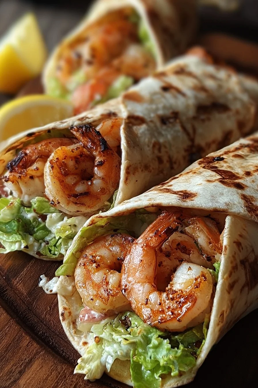 Grilled shrimp Caesar wraps served with fresh ingredients and a creamy dressing.