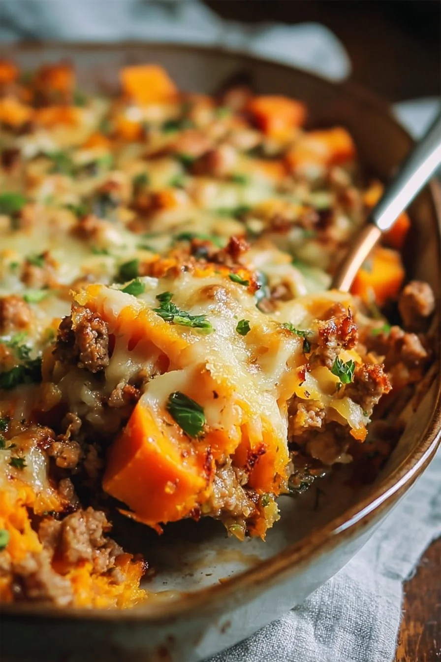 Ground Turkey Sweet Potato Bake topped with herbs and cheese