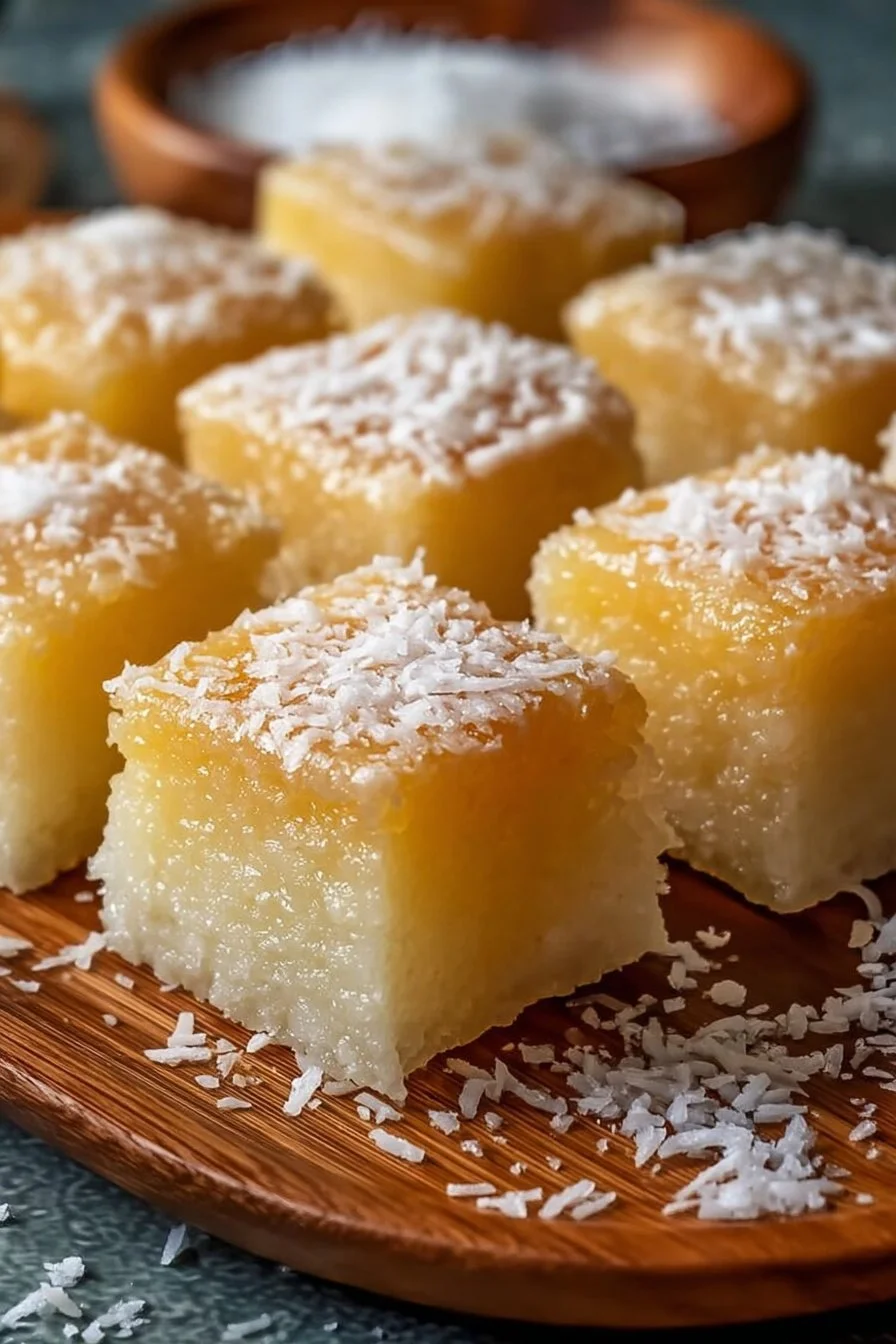 Delicious Hawaiian Butter Mochi dessert served on a plate with a tropical backdrop.
