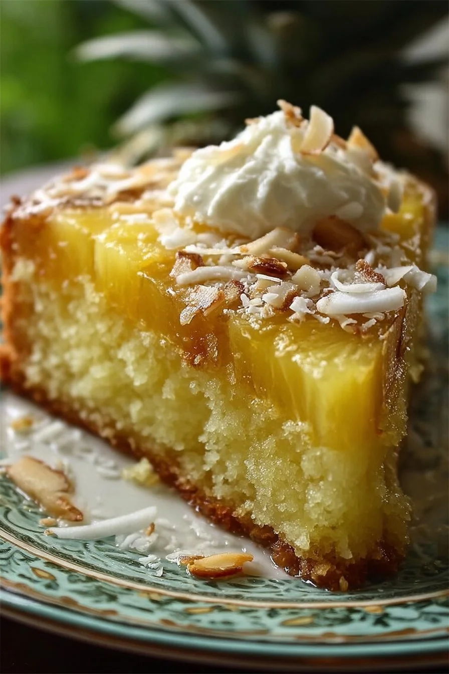 Tropical Hawaiian Pineapple Cake adorned with fresh pineapple slices.
