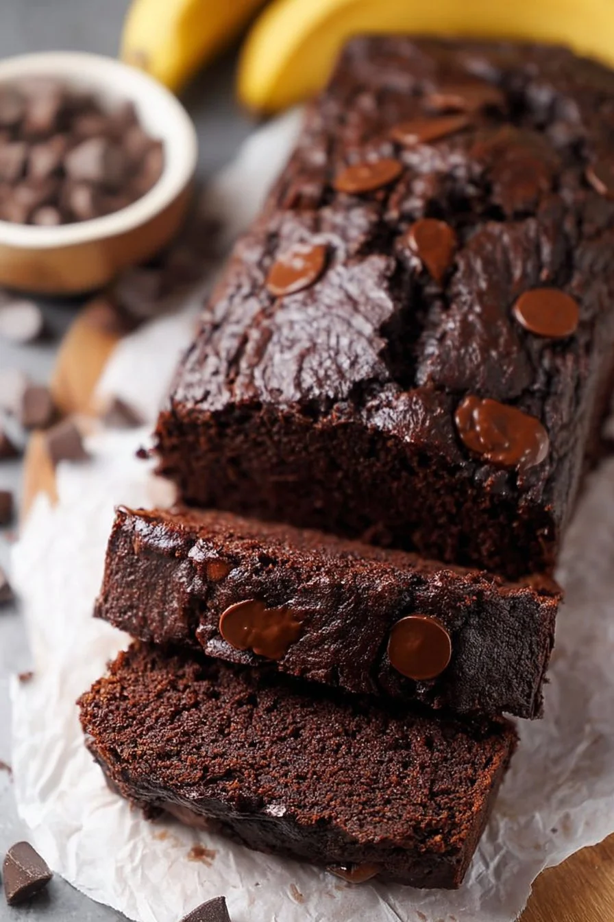 Slice of healthy chocolate banana bread topped with chocolate chips