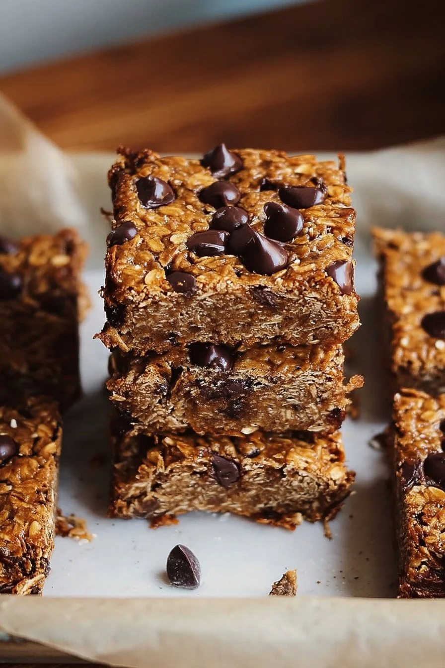 Healthy chocolate chip oatmeal bars with oats and mini chocolate chips