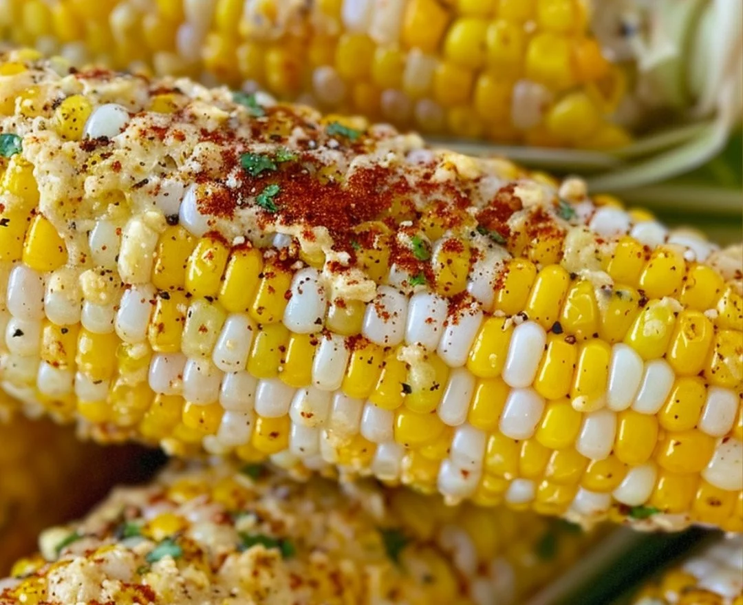 Delicious homemade Mexican street corn topped with cheese and spices.
