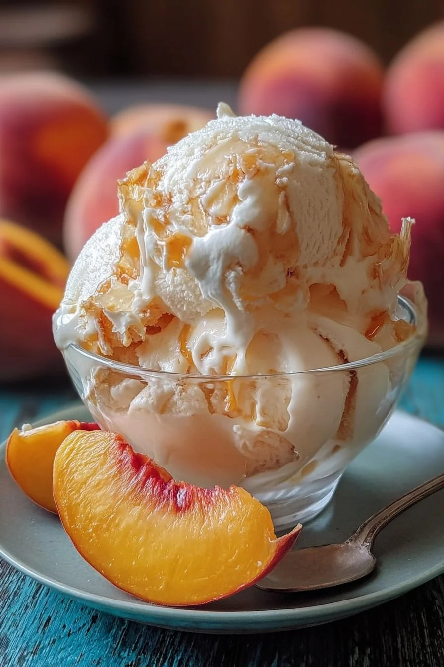 Delicious homemade peach ice cream served in a bowl with fresh peaches