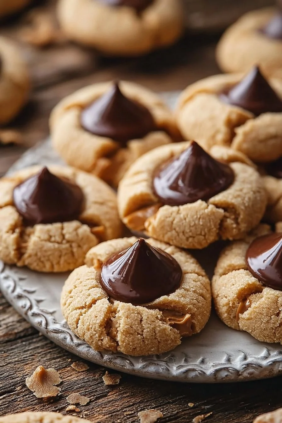 Homemade peanut butter kiss cookies topped with chocolate