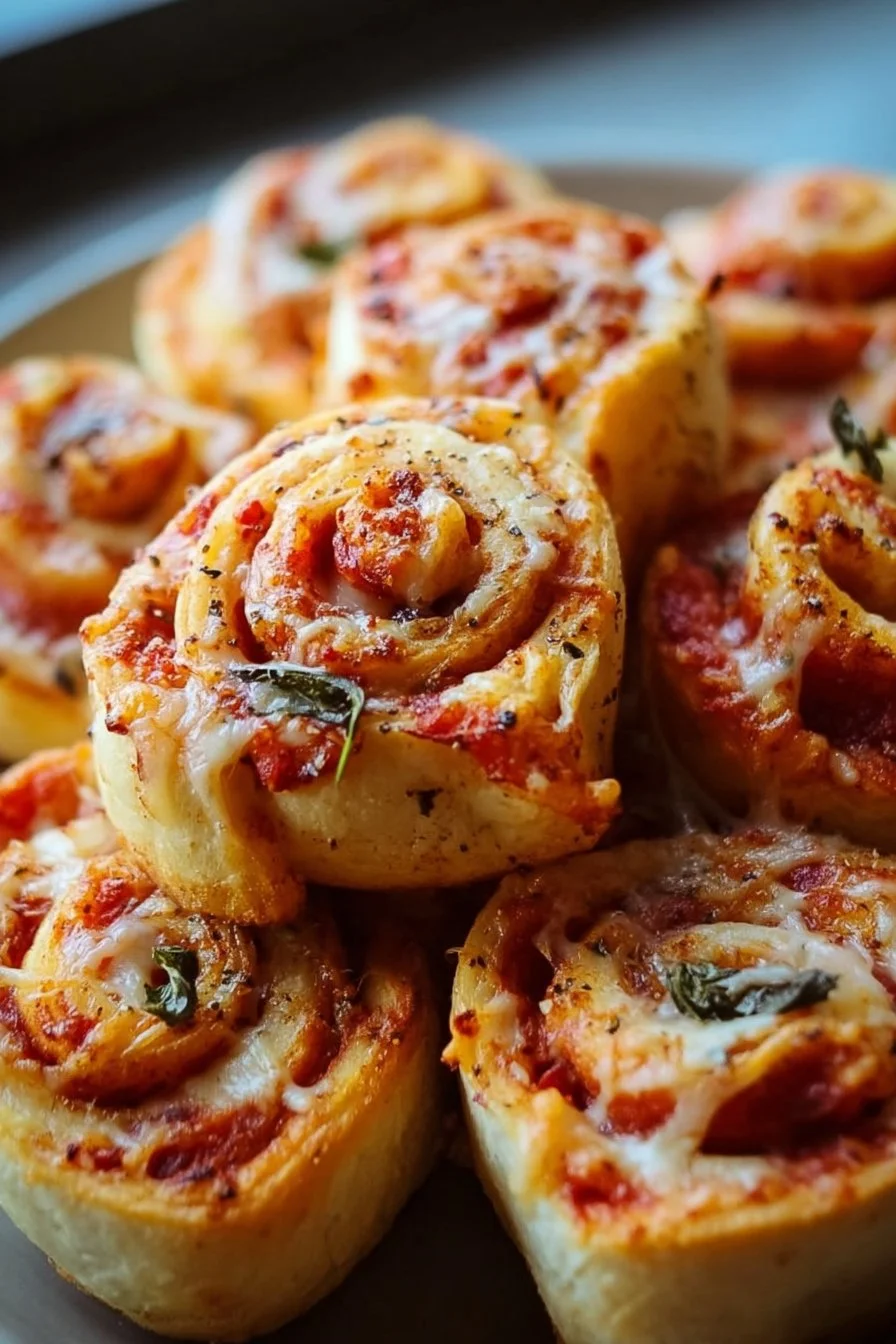 Plate of homemade pizza rolls filled with cheese and pepperoni
