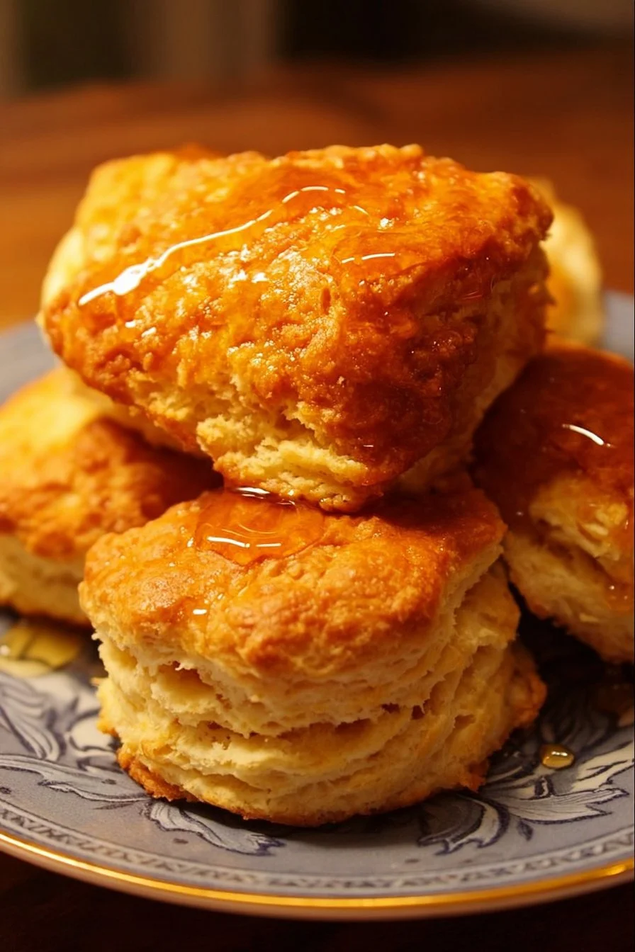 Hot honey chicken biscuits served with a drizzle of honey and spices