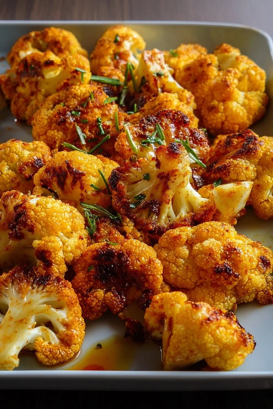 Delicious hot honey roasted cauliflower garnished and ready to serve