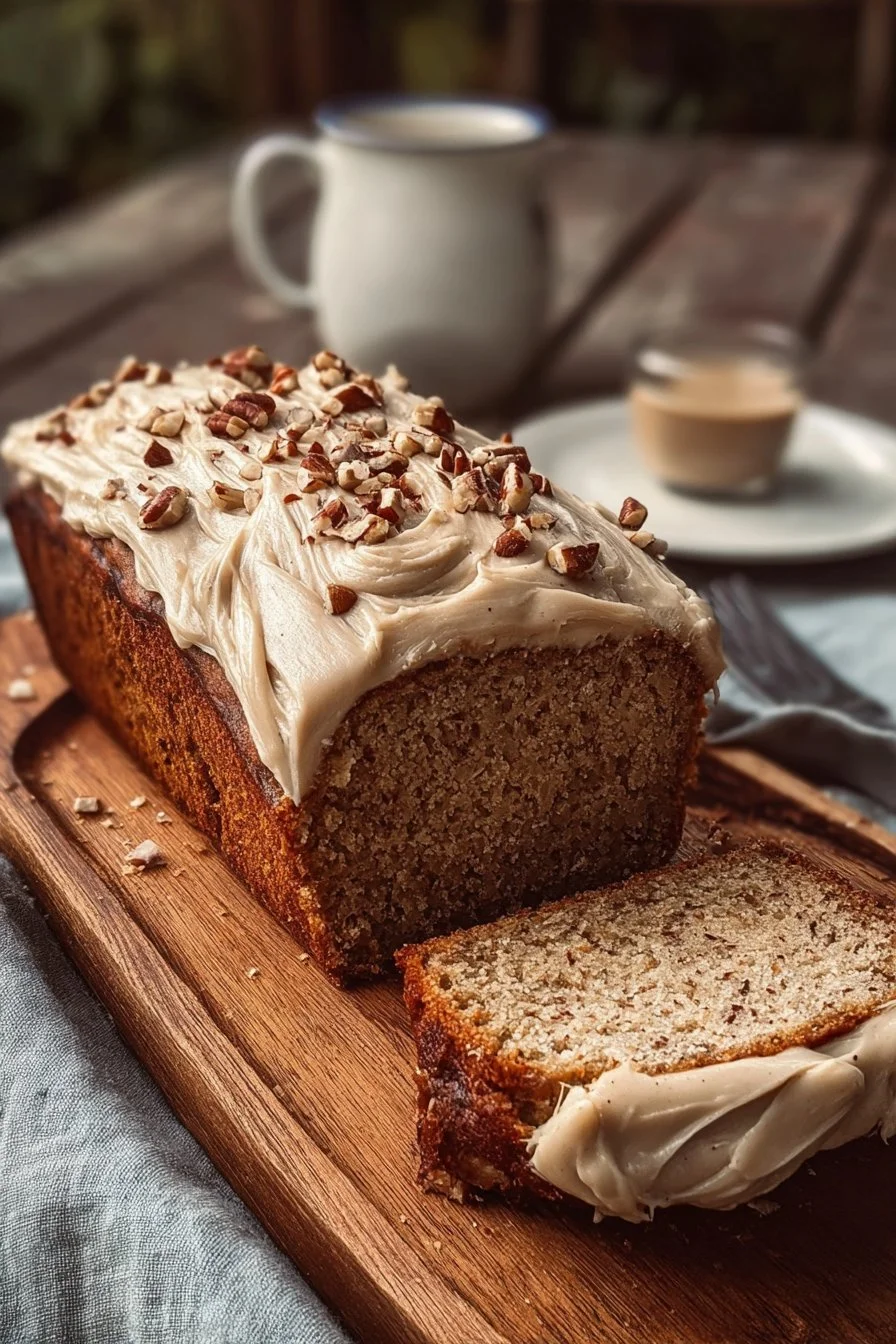 Sliced Hummingbird Bread with cinnamon cream cheese frosting on a wooden table.
