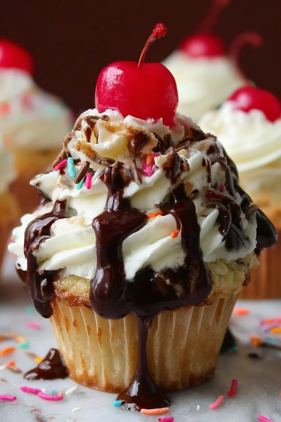 Delicious ice cream sundae cupcakes topped with whipped cream and cherry