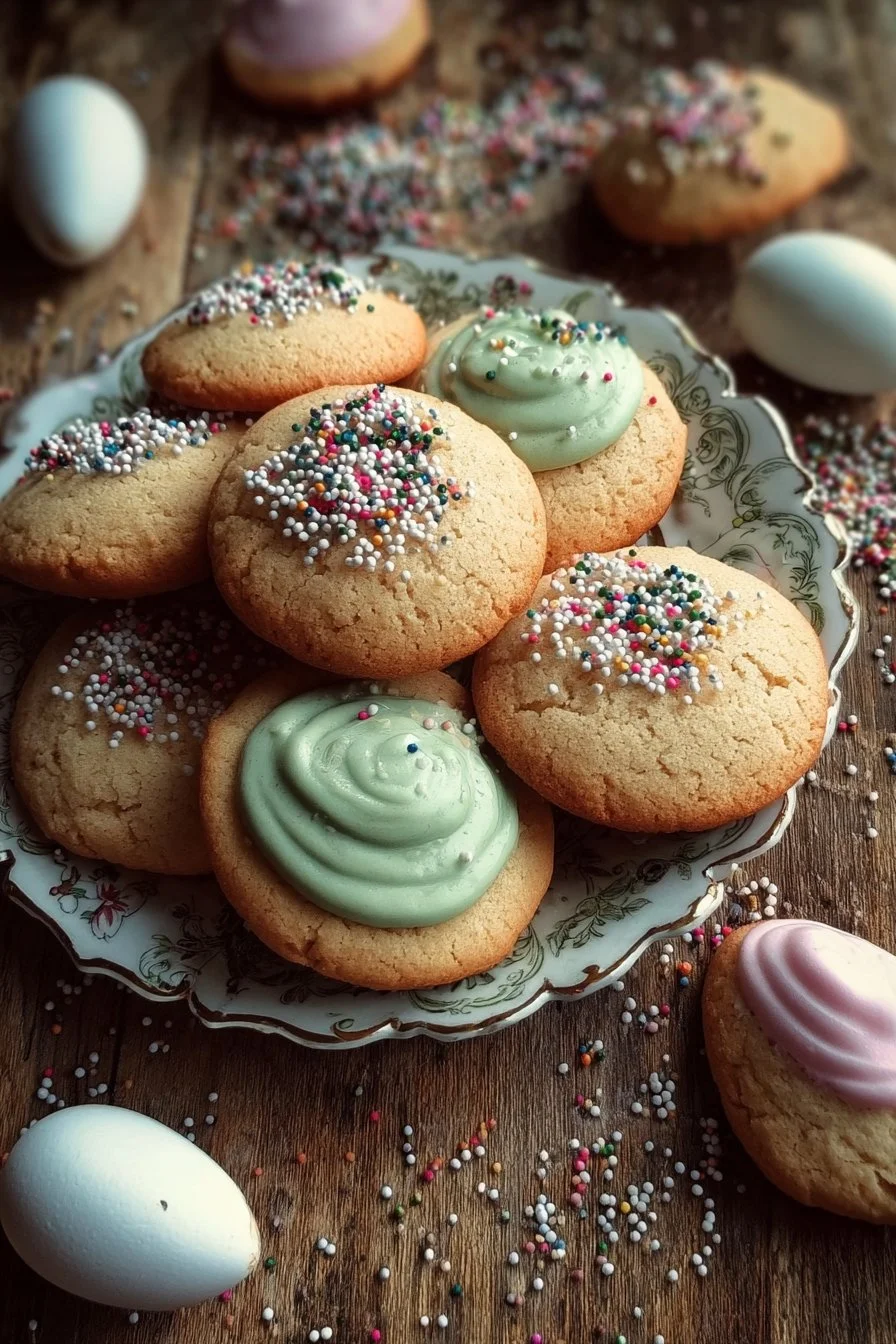 A plate of colorful Italian Easter Cookies decorated with icing and sprinkles.