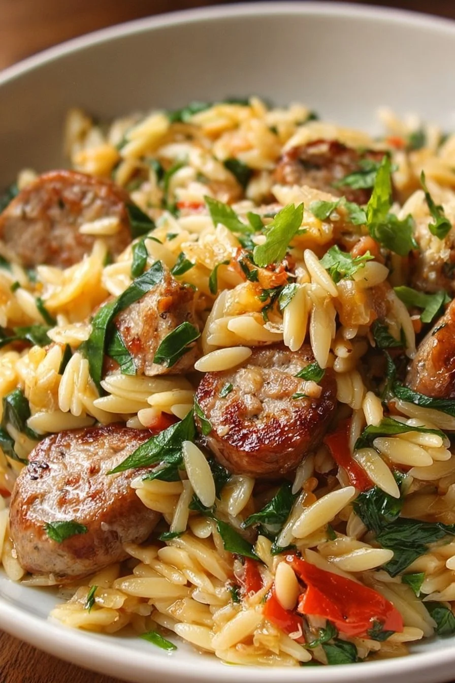 Italian sausage orzo dish with vegetables and herbs served in a bowl