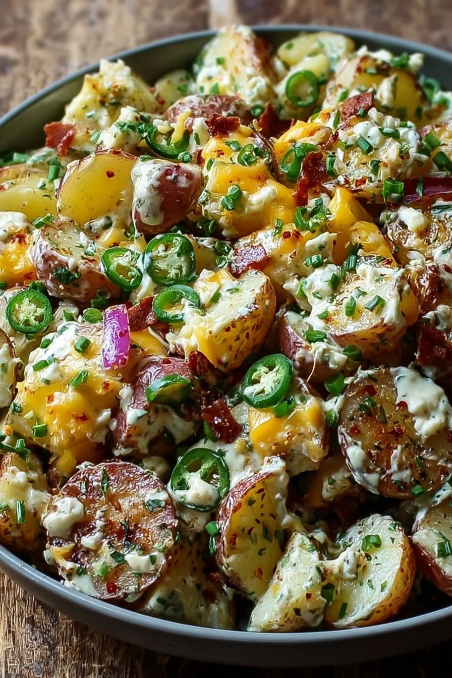 Delicious jalapeno popper roasted potato salad served in a bowl.