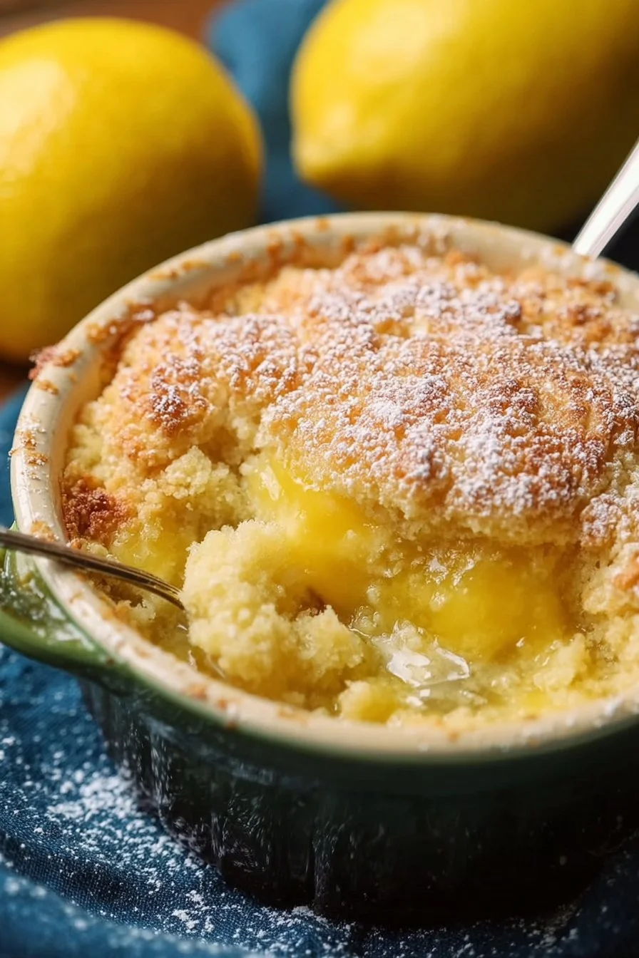 Freshly baked lemon cobbler dessert served on a plate.