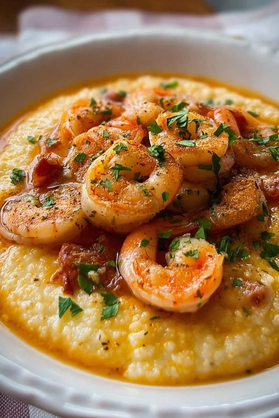 Delicious bowl of Lowcountry shrimp and grits garnished with herbs