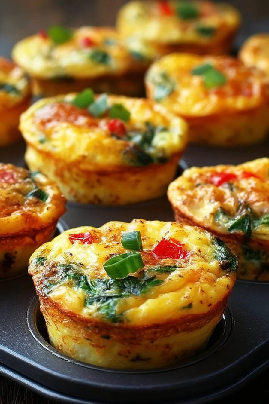 Delicious make-ahead egg muffins filled with vegetables and cheese.