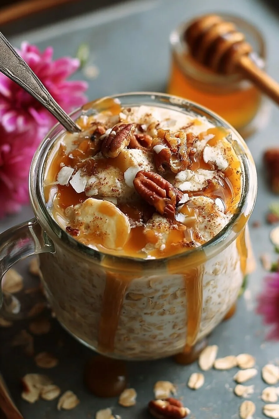 Bowl of Maple Brown Sugar Overnight Oats topped with fresh fruit and nuts.