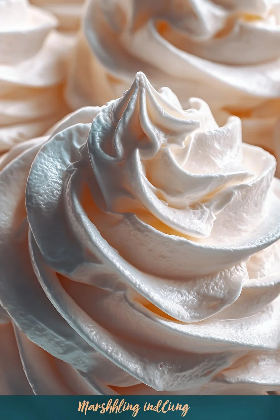 Delicious marshmallow icing on a cake, showcasing its fluffy texture and sweetness.