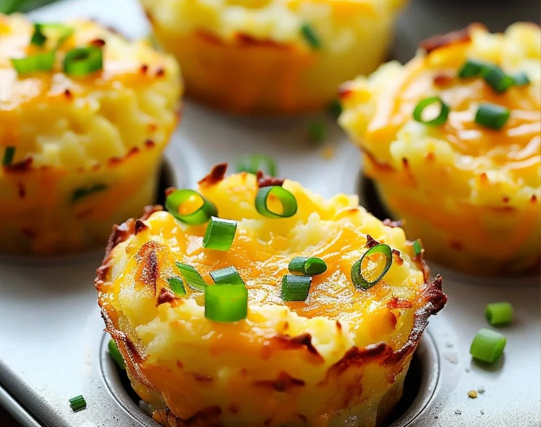 Delicious mashed potato cups topped with herbs and cheese.