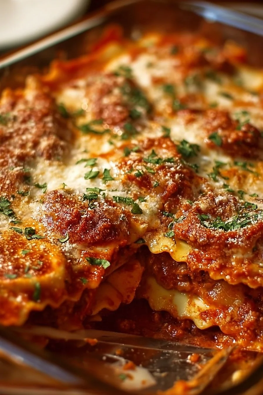 Delicious Million Dollar Ravioli Casserole served in a baking dish with cheese and herbs