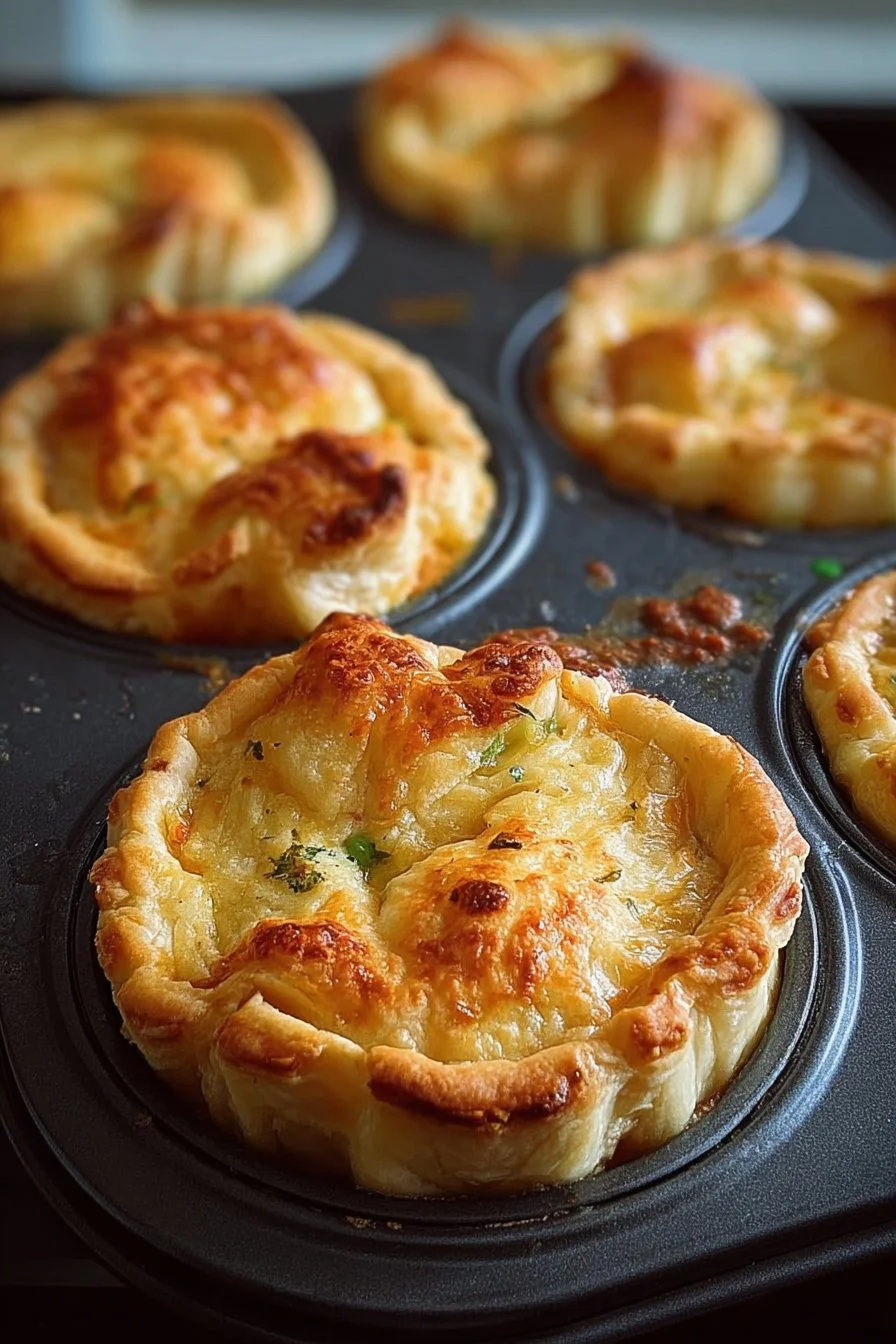 Muffin tin chicken pot pies served on a wooden table