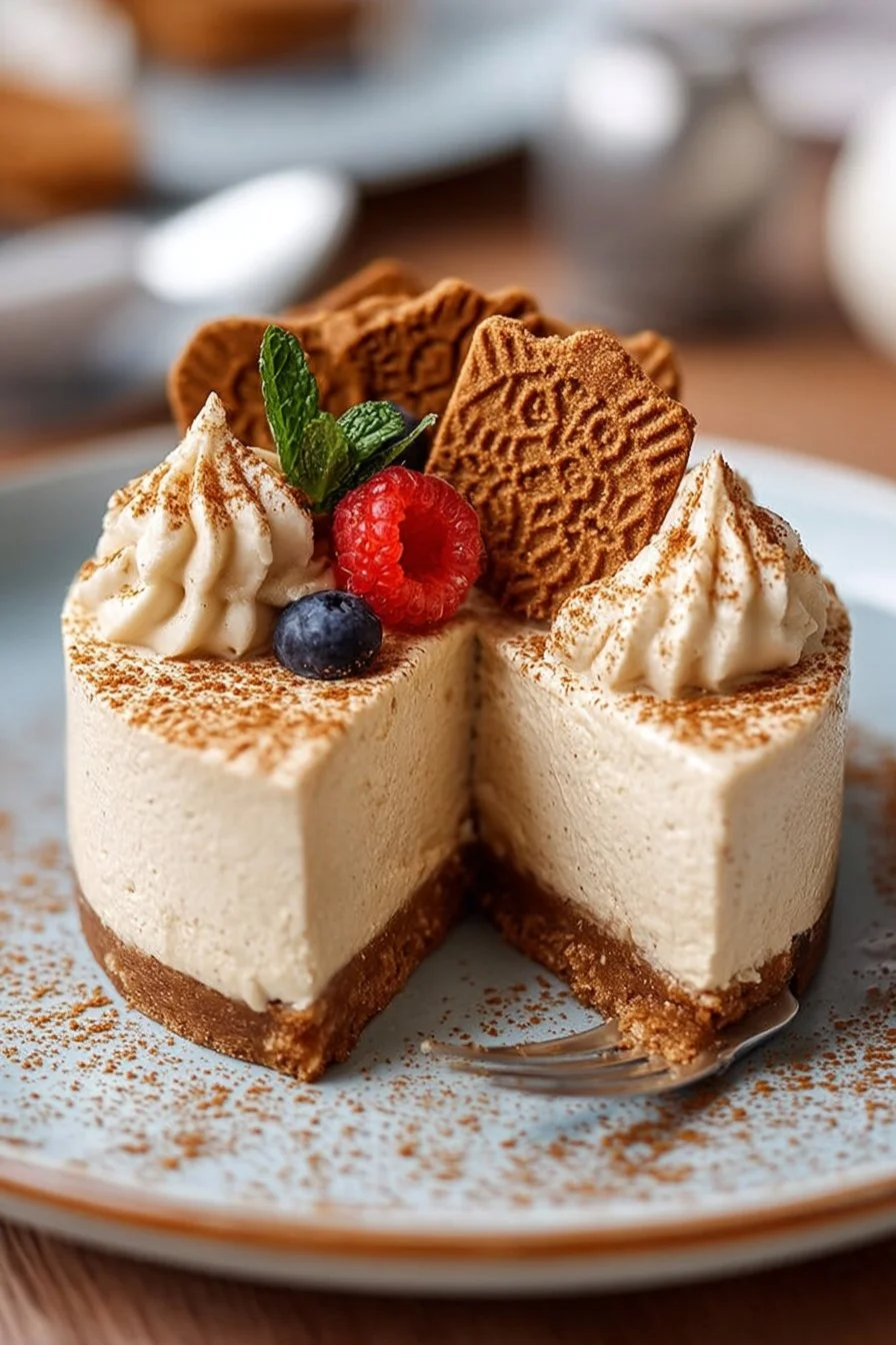 No-Bake Biscoff Cheesecake topped with Biscoff cookie crumbles