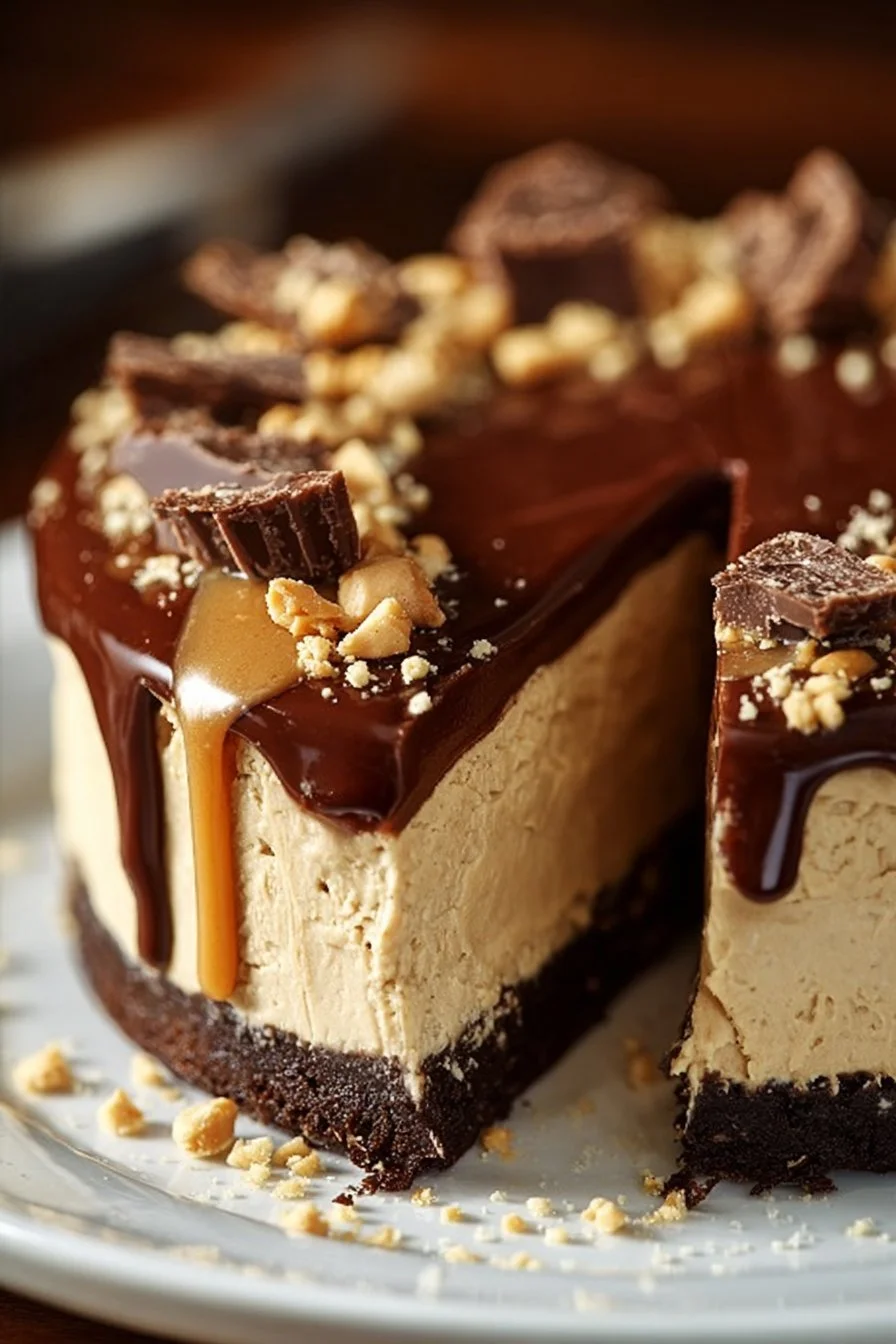 No-bake chocolate peanut butter cheesecake topped with chocolate and peanuts