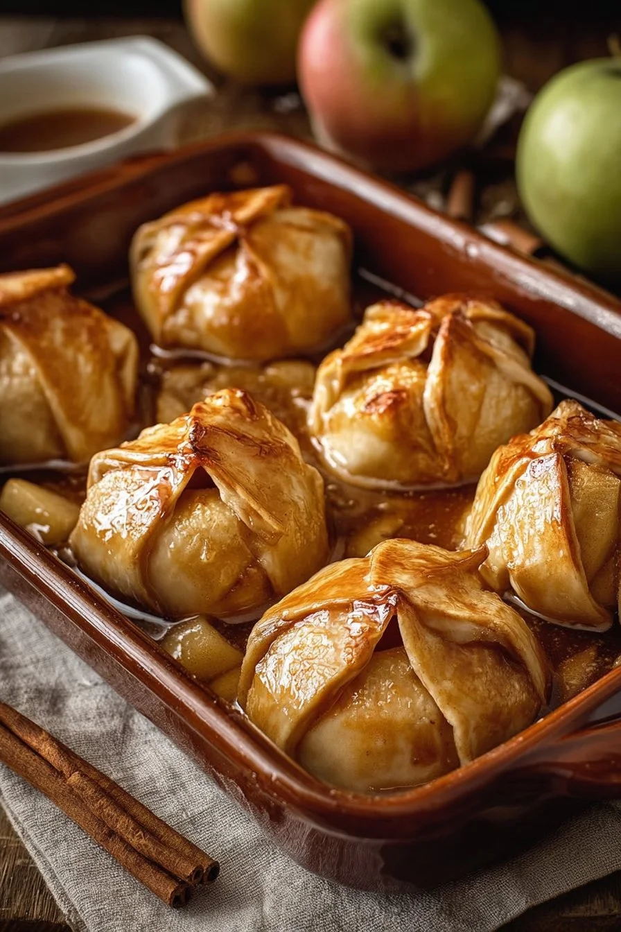 Old-fashioned apple dumplings served warm with cinnamon and ice cream