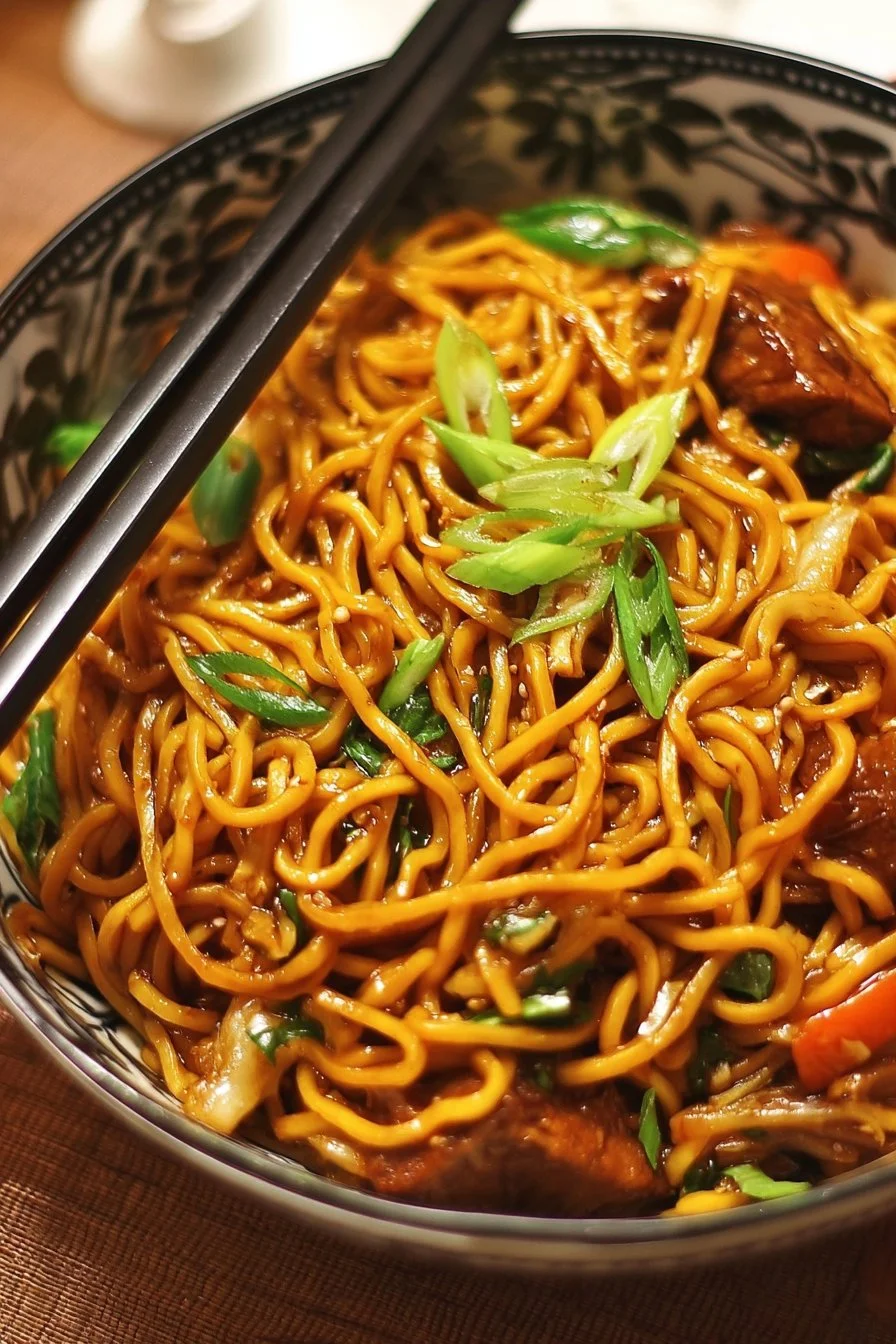 Delicious one-pot teriyaki noodles served in a bowl with fresh veggies.