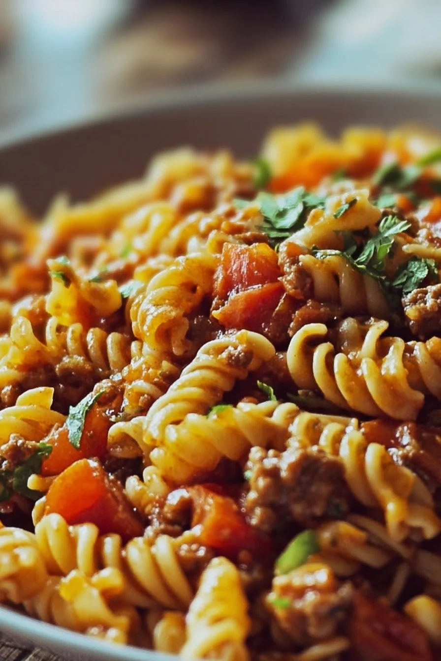 Delicious Overnight Taco Pasta served in a bowl with toppings