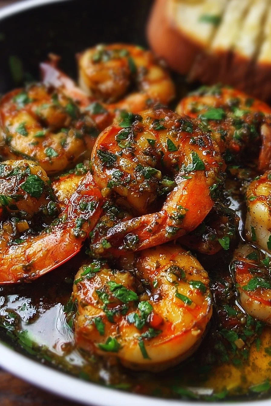 Pan seared chimichurri shrimp served with fresh herbs on a plate