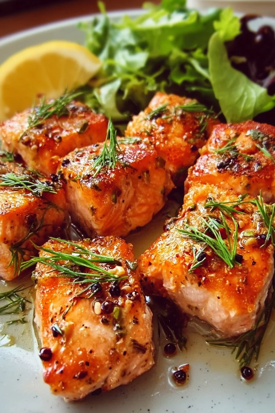 Delicious pan-seared salmon bites served on a plate