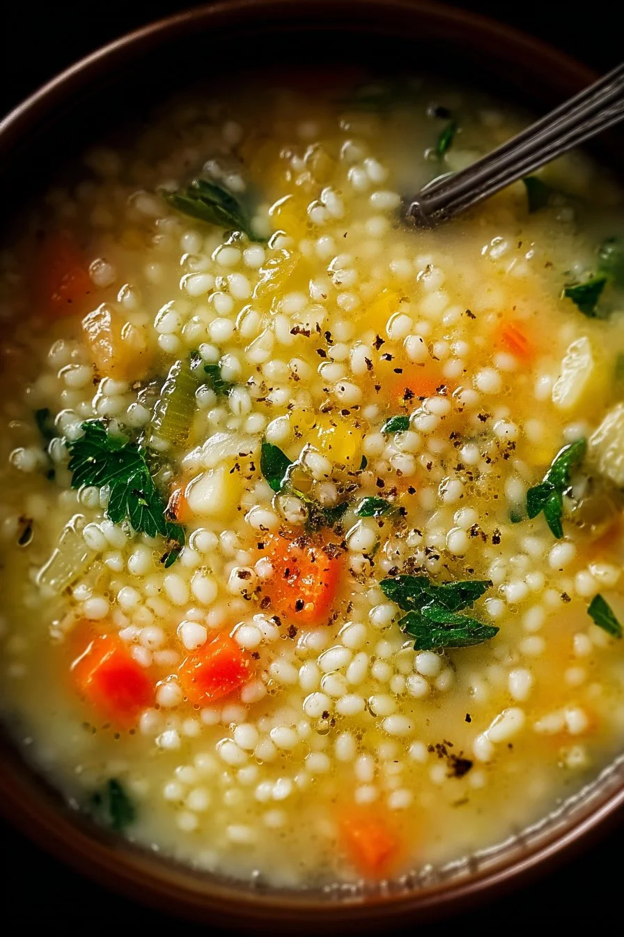 Bowl of homemade pastina soup with vegetables and herbs